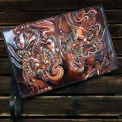 Black Handmade Tooled Leather Chinese Dragon Clutch Wallets Wristlet Bag Clutch Purse For Men - iwalletsmen