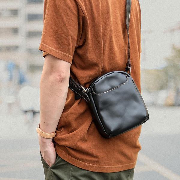 Black Leather Mens Casual Mini Phone Bags Messenger Bags Amber Postman Bag For Men - iwalletsmen