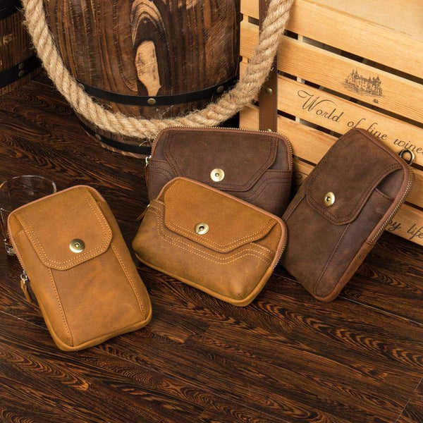 Brown Cool Mens Leather Waist Bag Belt Pouch Belt Bag Waist Phone Holder for Men - iwalletsmen
