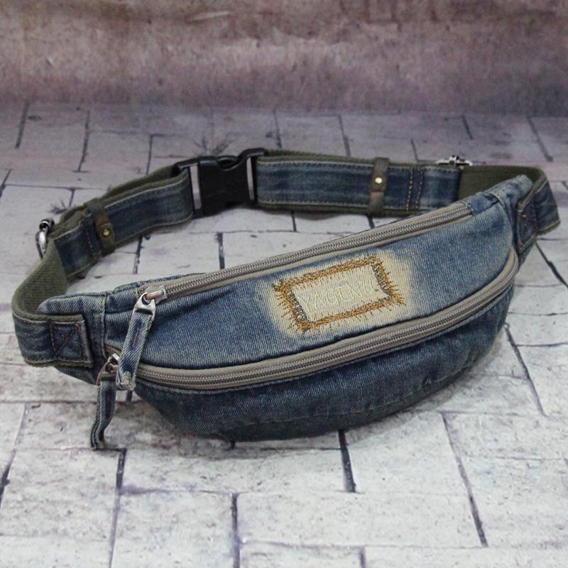 Blue Denim Mens Casual Waist Bag Fanny Pack Blue Jean Hip Bag Bum Bag For Men - iwalletsmen