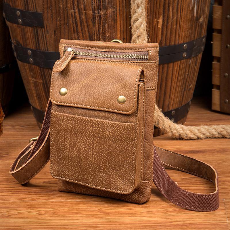 Cool Khaki Leather Mens Casual Waist Bag Belt Pouch Mini Messenger Bags Side Bag for Men - iwalletsmen