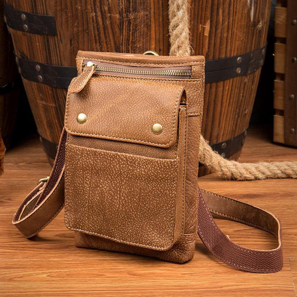 Cool Khaki Leather Mens Casual Waist Bag Belt Pouch Mini Messenger Bags Side Bag for Men - iwalletsmen