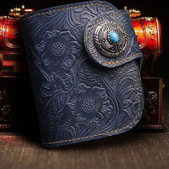 Handmade Leather Floral Mens Cool Biker Wallet Leather Wallet Men billfold Wallets Bifold for Men