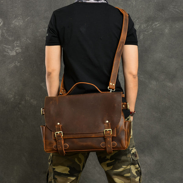 Leather Mens Brown Briefcase 12'' Laptop Briefcase Crossbody Side Bag Shoulder Bag For Men - iwalletsmen