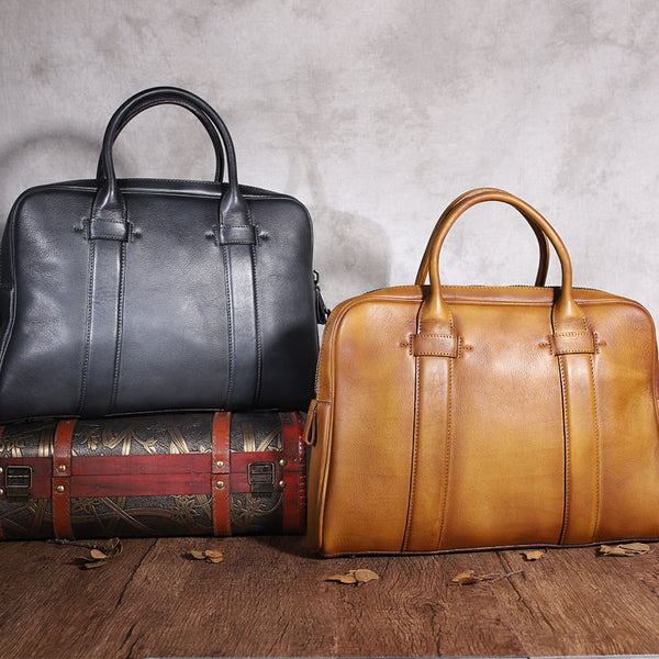 Brown Leather Mens 14 inches Business Laptop Work Bag Handbag Briefcase Dark Gray Shoulder Bags Messenger Bags For Men - iwalletsmen