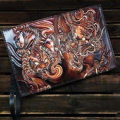 Black Handmade Tooled Leather Carp Chinese Dragon Clutch Wallet Wristlet Bag Clutch Purse For Men - iwalletsmen