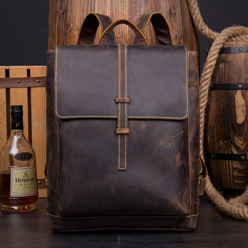 Casual Coffee Leather Mens 14 inches Laptop Travel Backpacks School Computer Backpack for Men - iwalletsmen