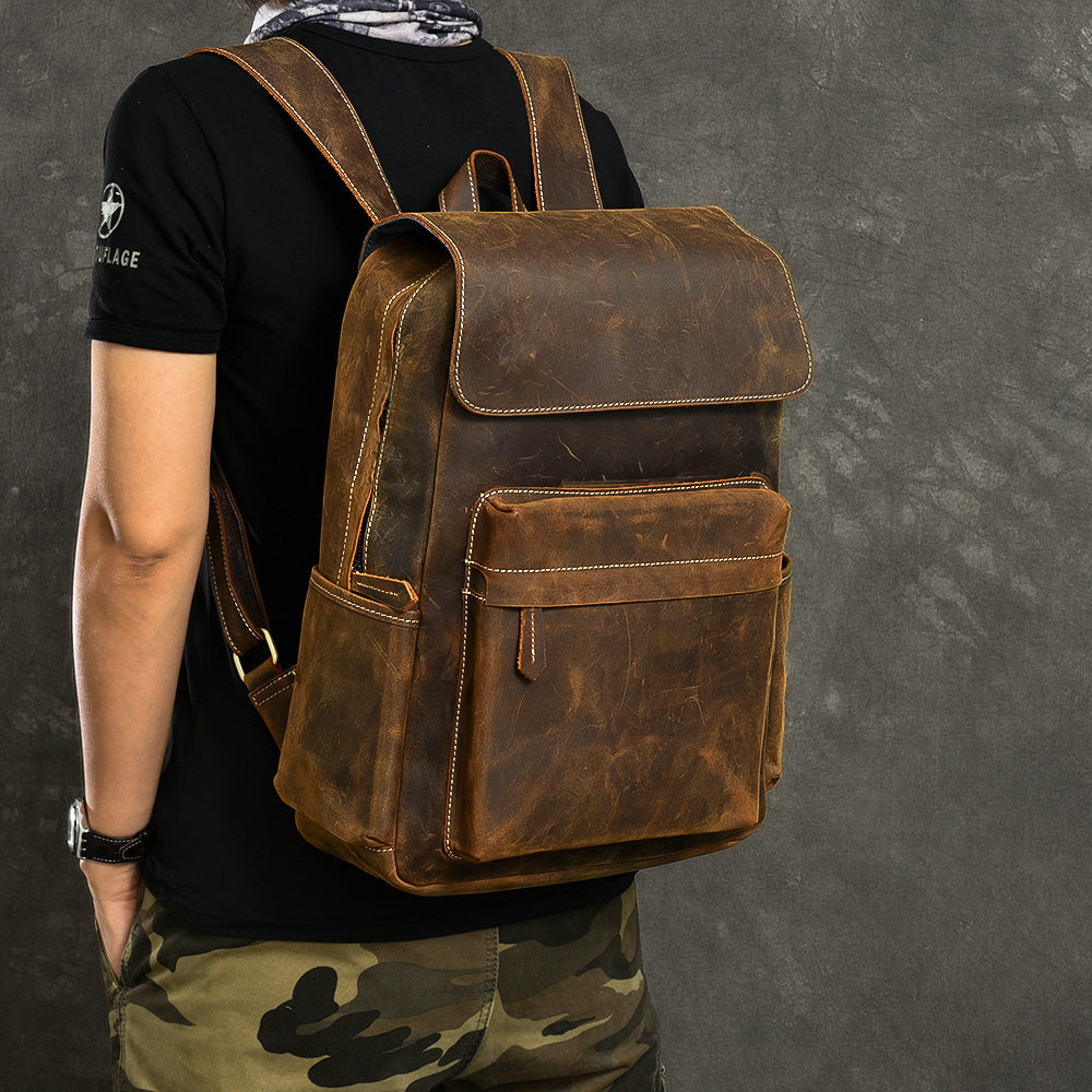 Cool Leather Mens 14" Retro Brown Hiking Backpack Travel Backpack College Backpack for Men - iwalletsmen