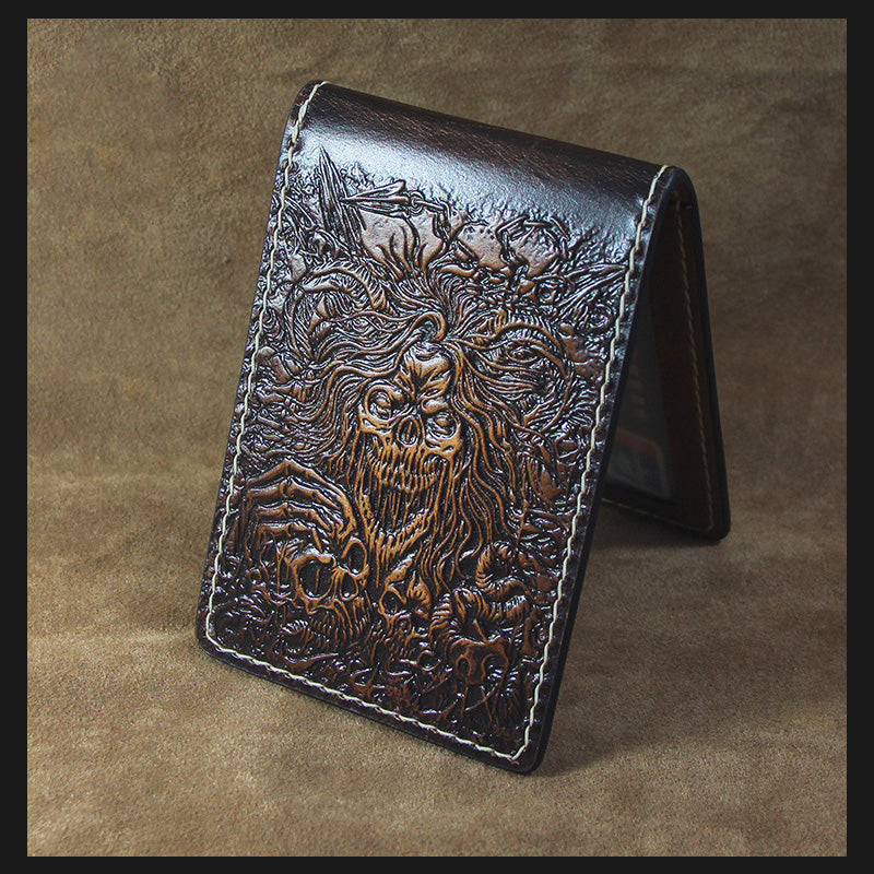 Handmade Leather Tooled Death Metal Deathcore License Wallet Mens Card billfold Wallet Cool Leather Wallet Slim Wallet for Men