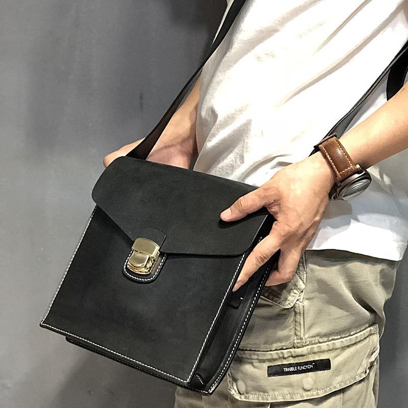 Business Black Leather Mens 10 inches Square Side Bag Messenger Bag Tan Postman Bag Courier Bag for Men - iwalletsmen