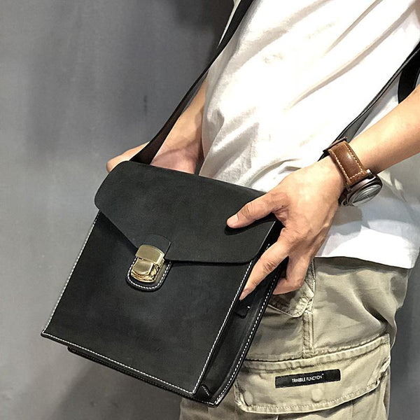 Business Black Leather Mens 10 inches Square Side Bag Messenger Bag Tan Postman Bag Courier Bag for Men - iwalletsmen