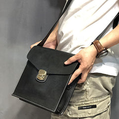 Business Black Leather Mens 10 inches Square Side Bag Messenger Bag Tan Postman Bag Courier Bag for Men - iwalletsmen