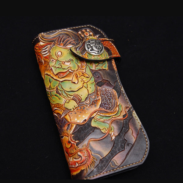 Handmade Leather Tooled Thunder God Mens Chain Biker Wallet Cool Leather Wallet With Chain Wallets for Men