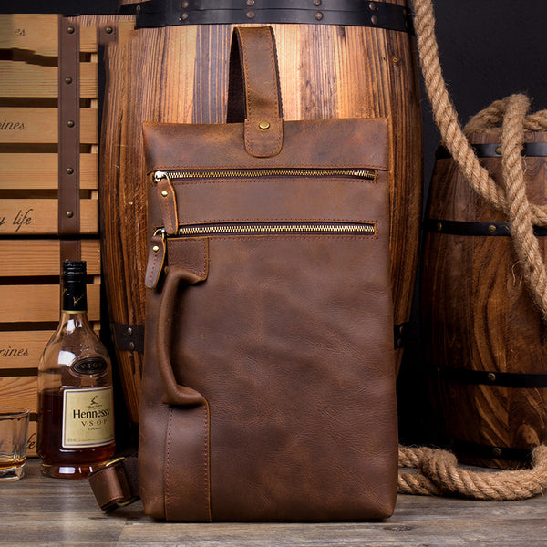 Casual Brown Leather Mens Large Sling Pack Sling Bag Chest Bag One Shoulder Backpacks for Men - iwalletsmen