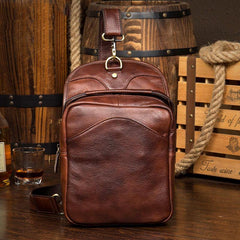 Casual Brown Leather Mens Sling Pack Sling Bags Chest Bags Brown One Shoulder Backpack for Men - iwalletsmen
