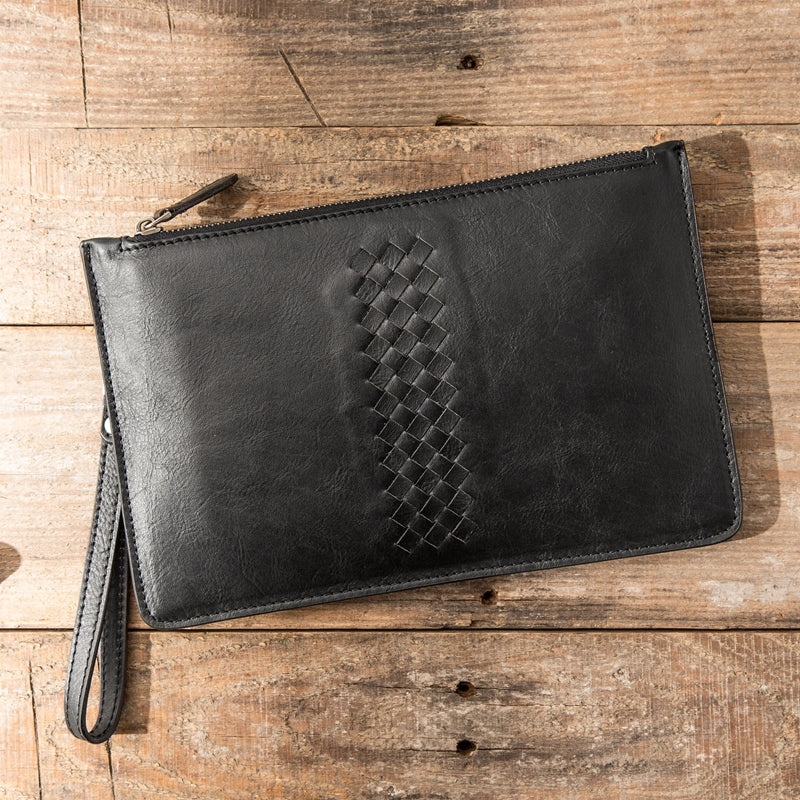 Black Cool Leather Mens Wristlet Bag Long Zipper Clutch Wallet Long Wallet Envelope Bag for Men - iwalletsmen