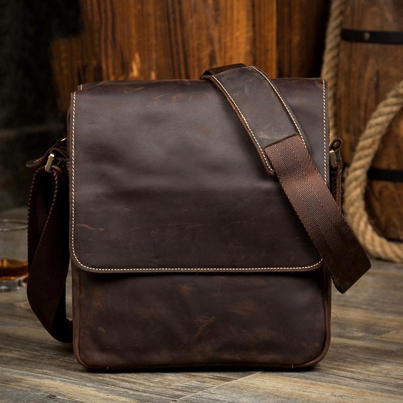 Dark Brown Cool Leather 10 inches Small Vertical Side Bags Messenger Bags Courier Bag for Men - iwalletsmen