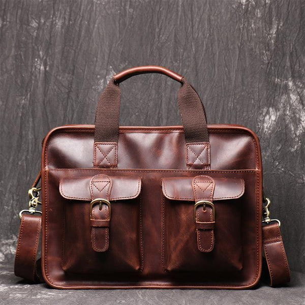 Red Brown Leather Mens 14 inches Large Laptop Work Bag Handbag Briefcase Shoulder Bags Business Bags For Men - iwalletsmen