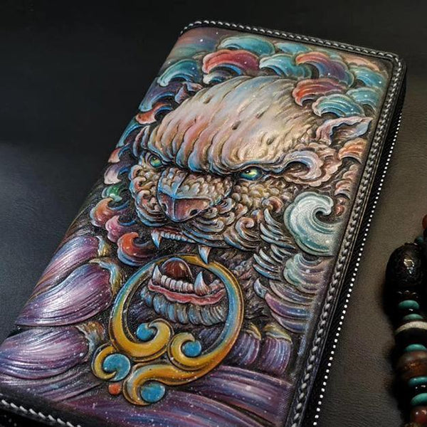 Badass Black Leather Men's Chinese Lion Biker Wallets Handmade Tooled Zipper Long Wallets For Men - iwalletsmen