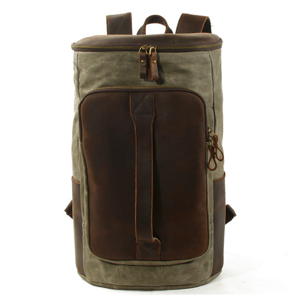 Cool Waxed Canvas Black Leather Mens 15.6‘’ Barrel Green Backpack Travel Backpack Hiking Backpack for Men - iwalletsmen