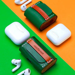 Best Blue Leather AirPods Pro Case with Wristlet Strap Custom Leather Wood AirPods Pro Case Airpod Case Cover - iwalletsmen