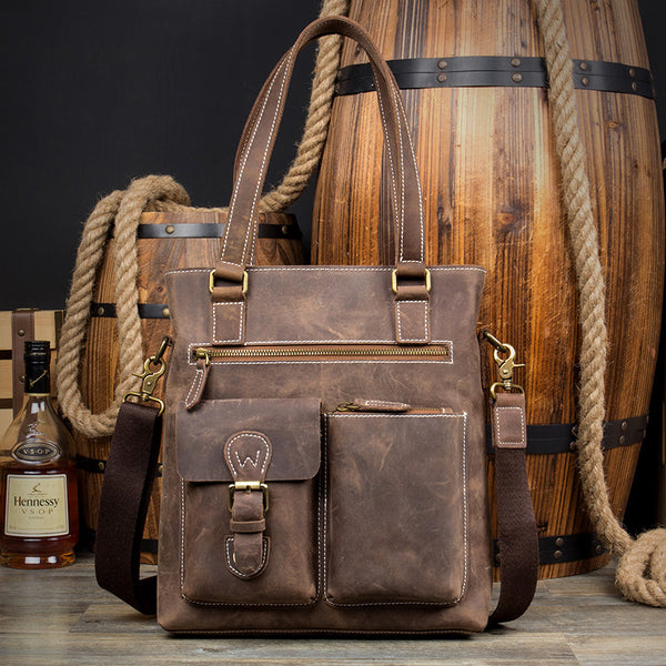 Casual Brown Leather 12 inches Shoulder Briefcase Work Bags Tote Bags for Men - iwalletsmen
