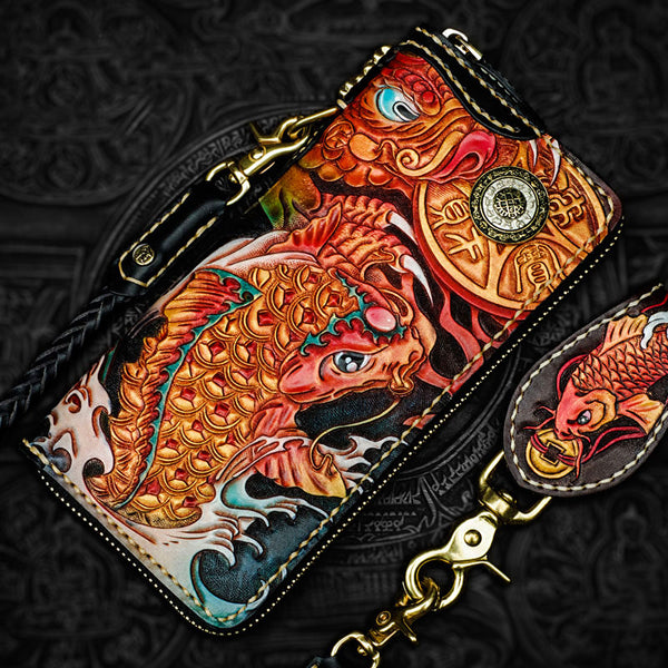Handmade Leather Tooled Carp Mens Chain Biker Wallet Cool Leather Wallet Long Phone Wallets for Men