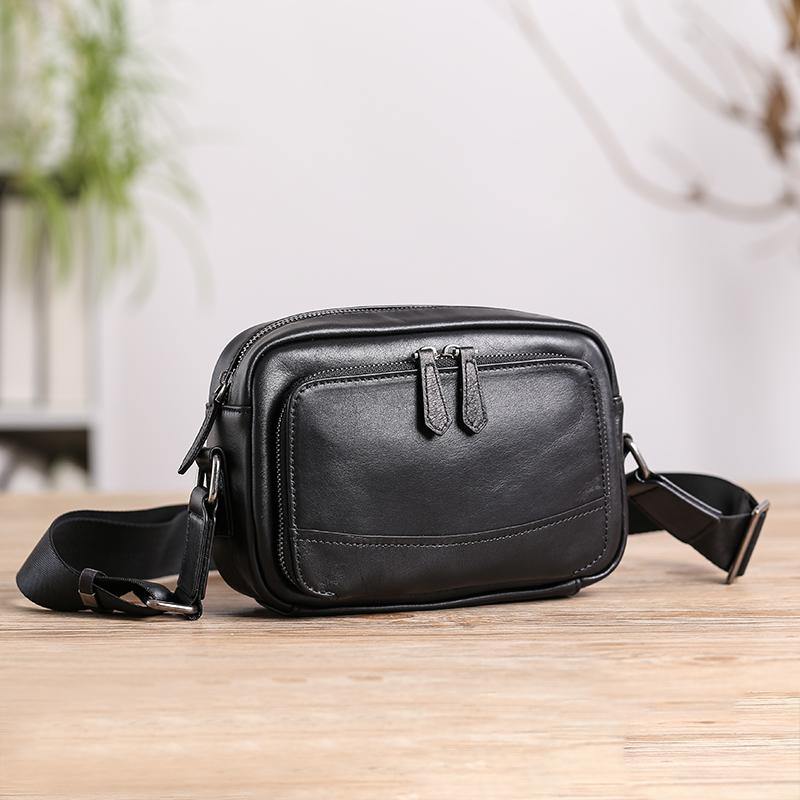 Casual Black Leather MENS Small Side Bags Black Messenger Bag Leather Courier Bag For Men - iwalletsmen