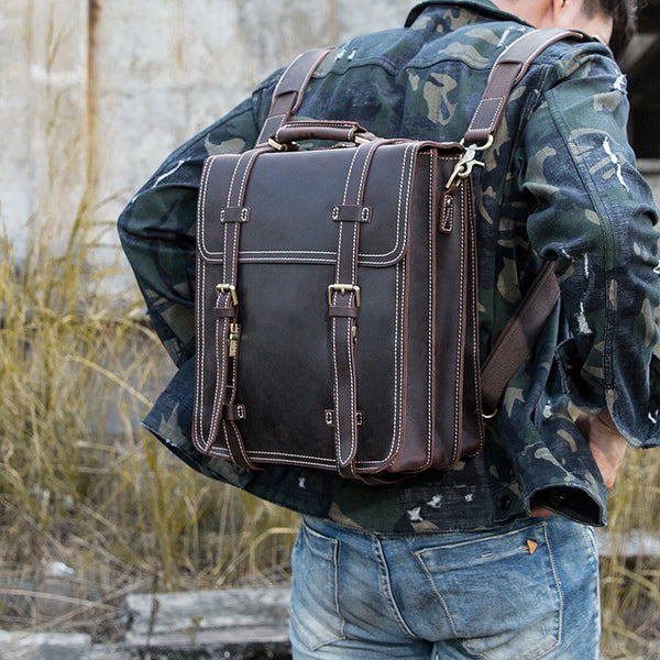 Dark Brown Fashion Mens Leather 13-inch Computer Backpacks Travel Backpacks Brown School Backpack for men - iwalletsmen