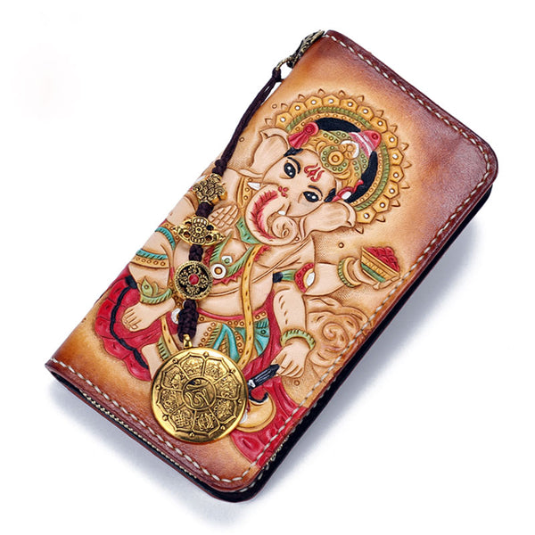 Handmade Leather Ganesha Mens Chain Biker Wallet Cool Leather Wallet With Chain Wallets for Men