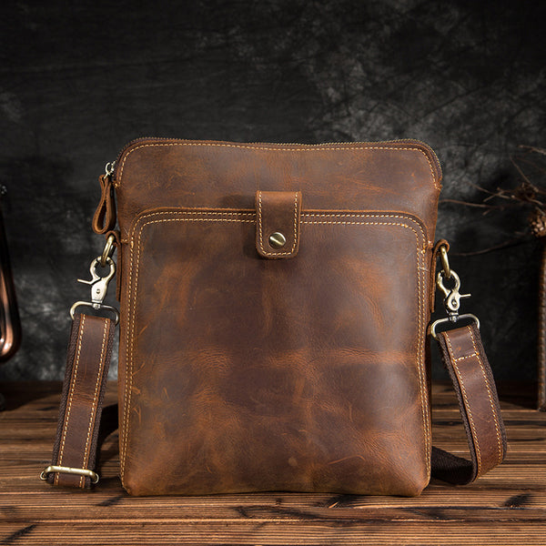 Vintage Brown Leather Men's Small Vertical Messenger Bag Side Bags Courier Bag For Men - iwalletsmen