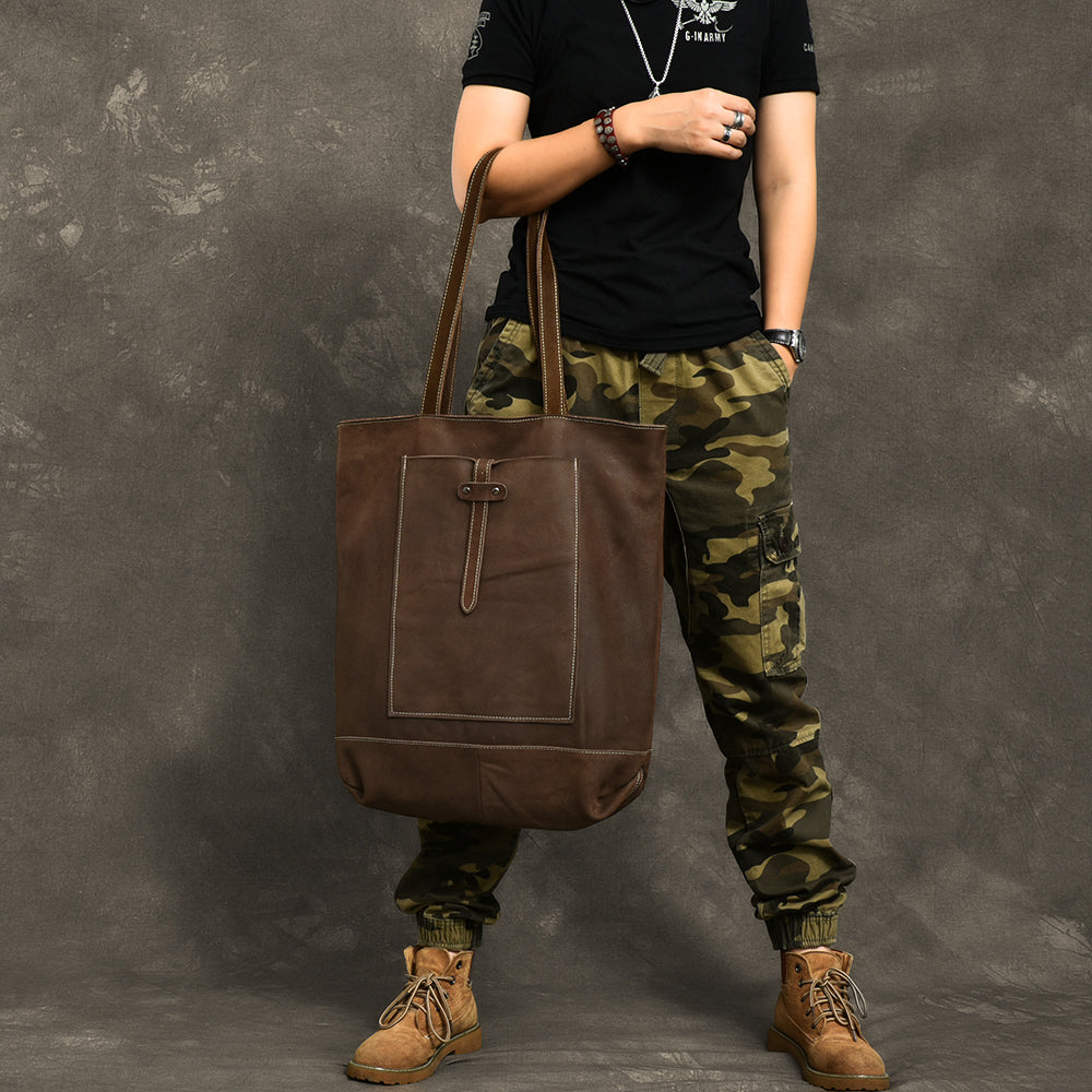 Leather Mens Womens 16" Brown Large Shoulder Bag Tote Bag Large Side Bag For Men - iwalletsmen