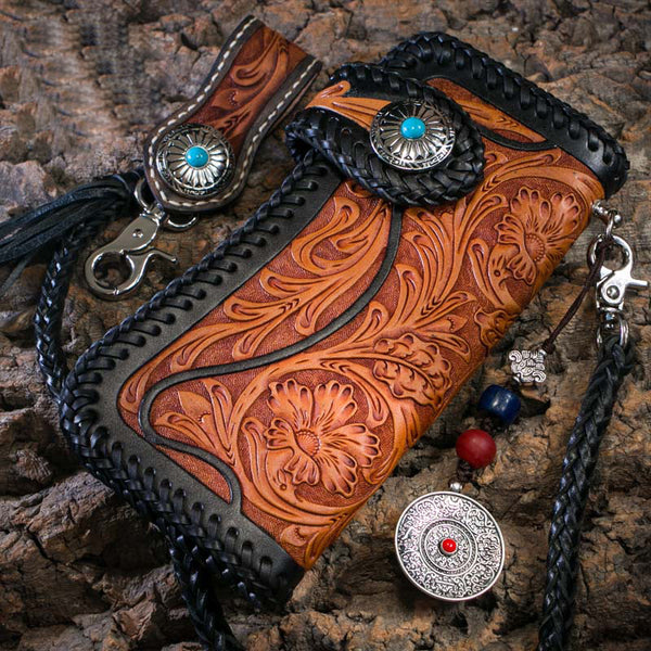 Handmade Mens Cool Tooled Floral Leather Chain Wallet Biker Trucker Wallet with Chain - iwalletsmen