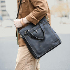 Vintage Black Mens Leather Vertical Briefcases Work Handbag Brown 10'' Computer Briefcases For Men - iwalletsmen