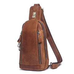 Cool Brown Leather Men's Sling Bag Chest Bag One-Shoulder Backpack For Men - iwalletsmen