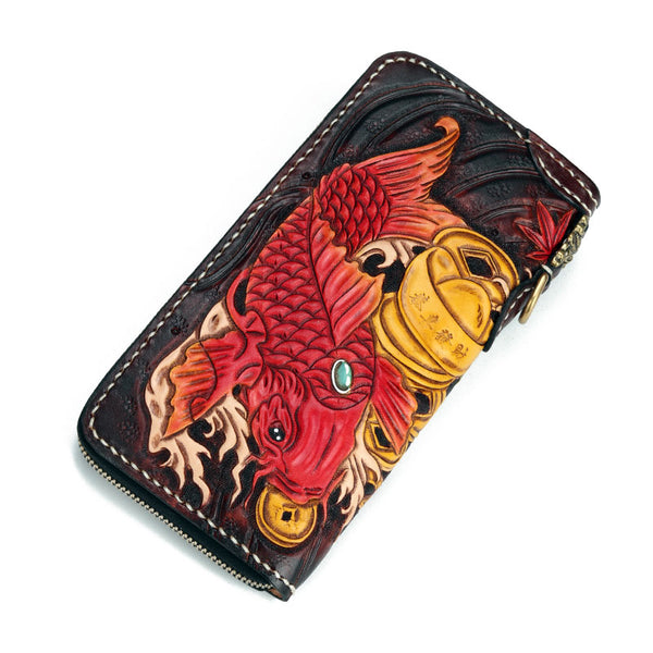 Handmade Leather Carp Mens Chain Biker Wallet Cool Leather Wallet Long Phone Wallets for Men