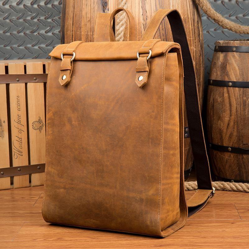 Fashion Brown Mens Leather 15-inch Black Computer Backpack Brown Travel Backpacks School Satchel Backpacks for men - iwalletsmen