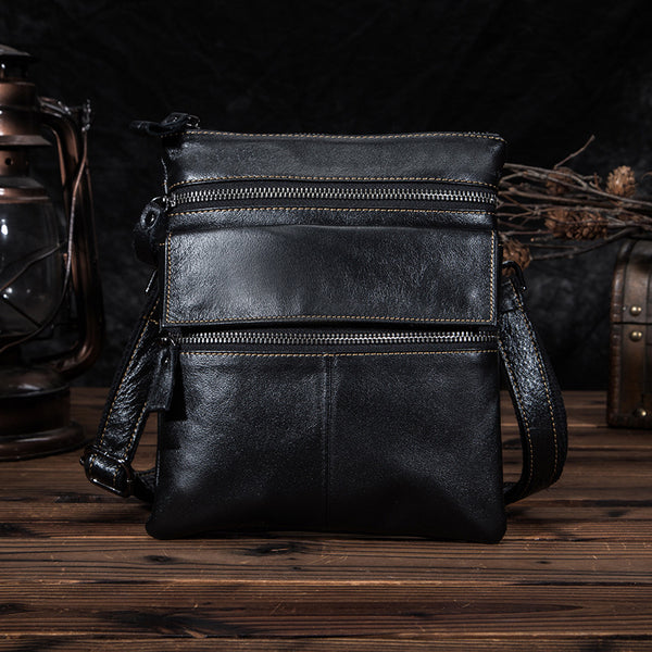 Black Cool Leather 8 inches Small Zipper Messenger Bag Vertical Shoulder Bag Brown Side Bag For Men - iwalletsmen