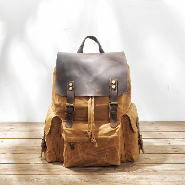 Cool Canvas Leather Mens Waterproof 14'' Computer Backpack Large Hiking Backpack Travel Backpack for Men - iwalletsmen