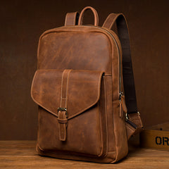 Casual Brown Large Leather Mens 15 inches Travel Backpack Computer Backpack School Backpack for Men - iwalletsmen
