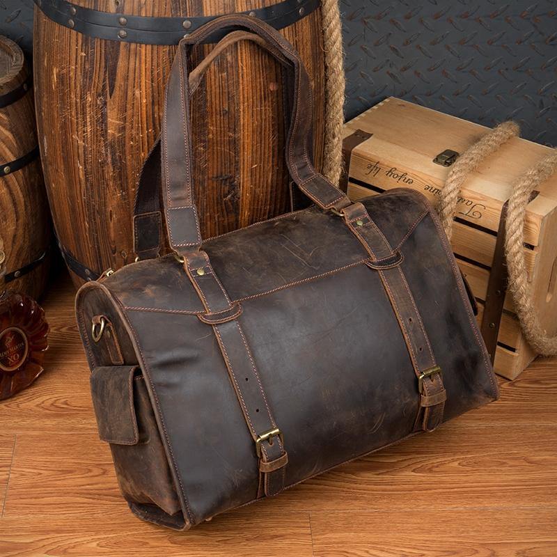 Cool Brown Leather 15 inches Weekender Bag Travel Shoulder Bags Duffle Luggage Handbags for Men - iwalletsmen