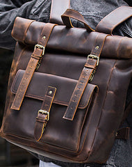 Cool Leather Coffee Rolltop Mens Backpacks Travel Backpack Vintage Backpack for Men - iwalletsmen