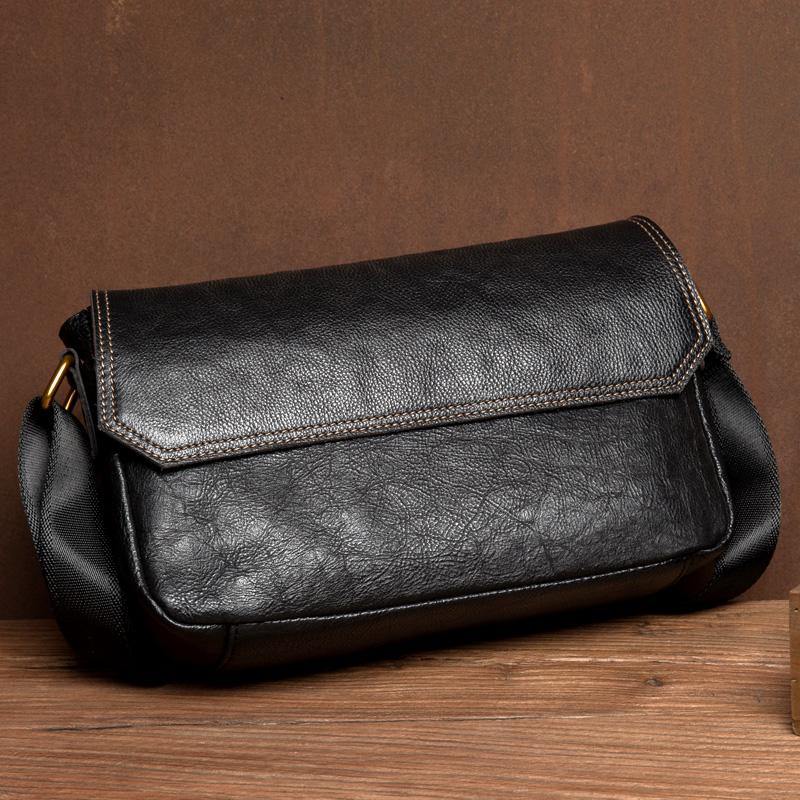 Fashion Black Leather 8 inches Mens Small Postman Bag Black Messenger Bags Courier Bags for Men - iwalletsmen