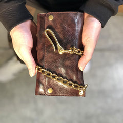 Handmade Leather Biker Wallet Trifold Folding Mens Cool Chain Wallet Trucker Wallet with Chain