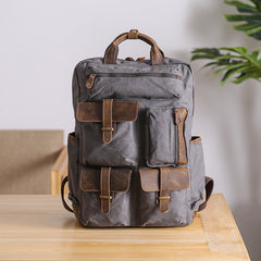 Cool Waxed Canvas Leather Mens Waterproof 15'' Backpack Gray Travel Backpack Hiking Backpack for Men - iwalletsmen