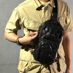 Vintage Black Leather Mens Cool Chest Bag Sling Bag Crossbody Pack Tan One Shoulder Backpack for men - iwalletsmen