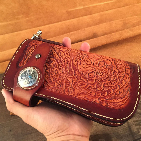Handmade Leather Tooled Skull Mens Chain Biker Wallet Cool Leather Wallet Long Wallet for Men