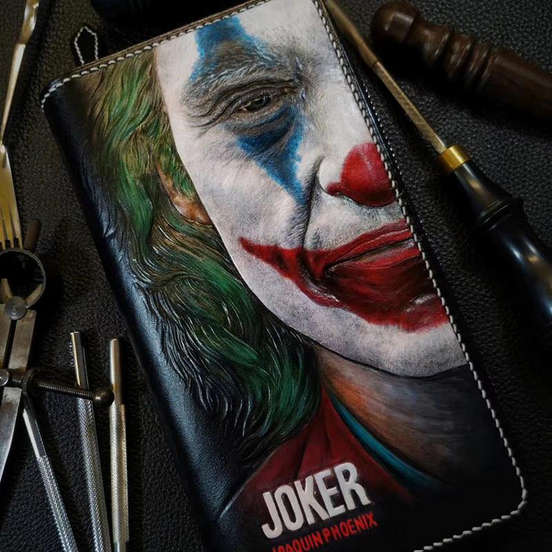 Badass Black Leather Men's Joker Long Biker Wallet Handmade Tooled