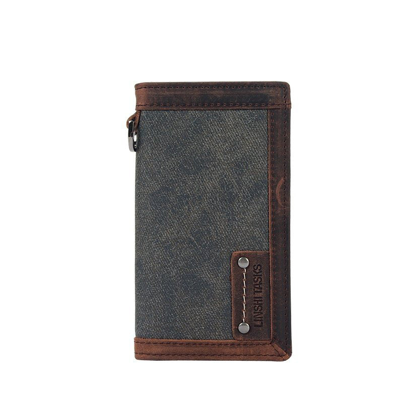 Casual Gray Canvas Leather Men's Long Wallet Bifold Cards Wallet Long Wallet For Men - iwalletsmen