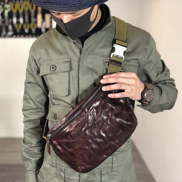 Black Cool Leather Men Fanny Pack Coffee Waist Bag Hip Pack Chest Bag Belt Bag Bumbag for Men - iwalletsmen